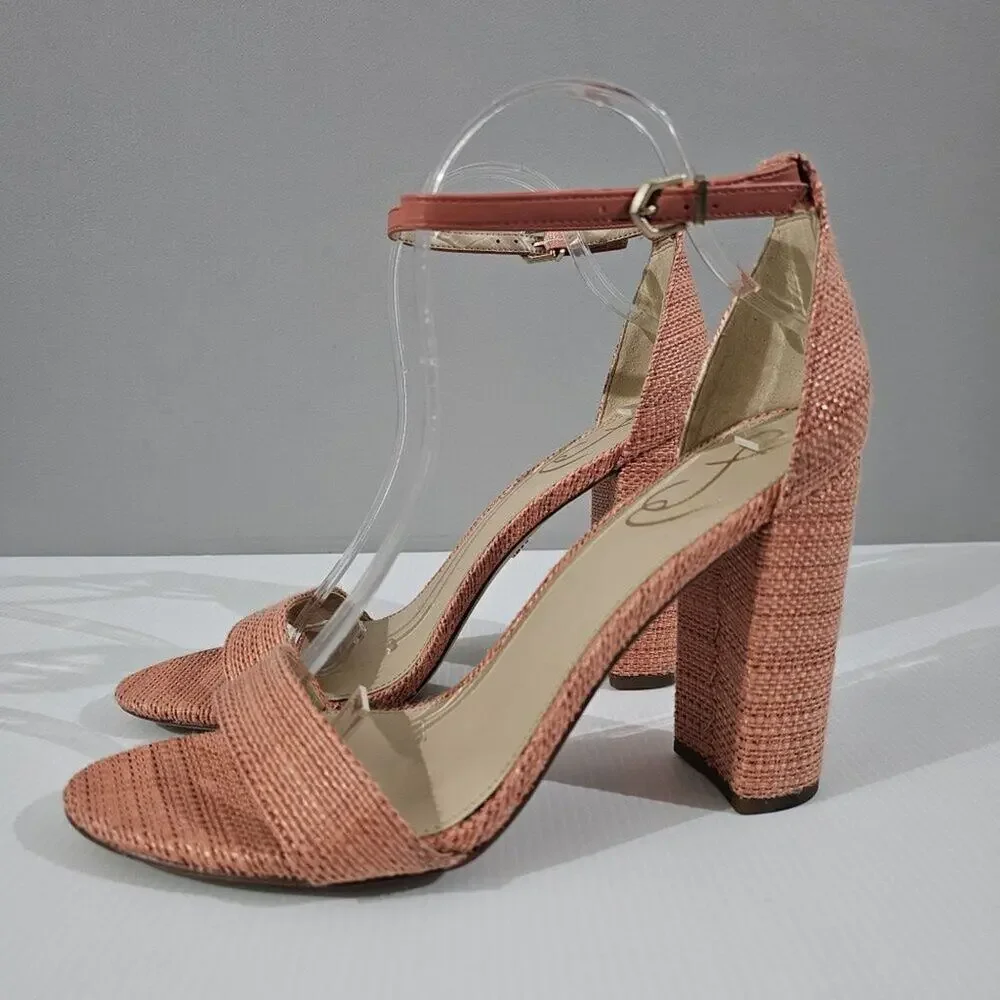Sam Edelman Yaro Block Heel Sandal Womens 10.5 Pink Coral Woven Ankle Strap